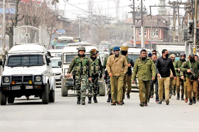 Security forces patrol in Karan Nagar area. Pic/AFP