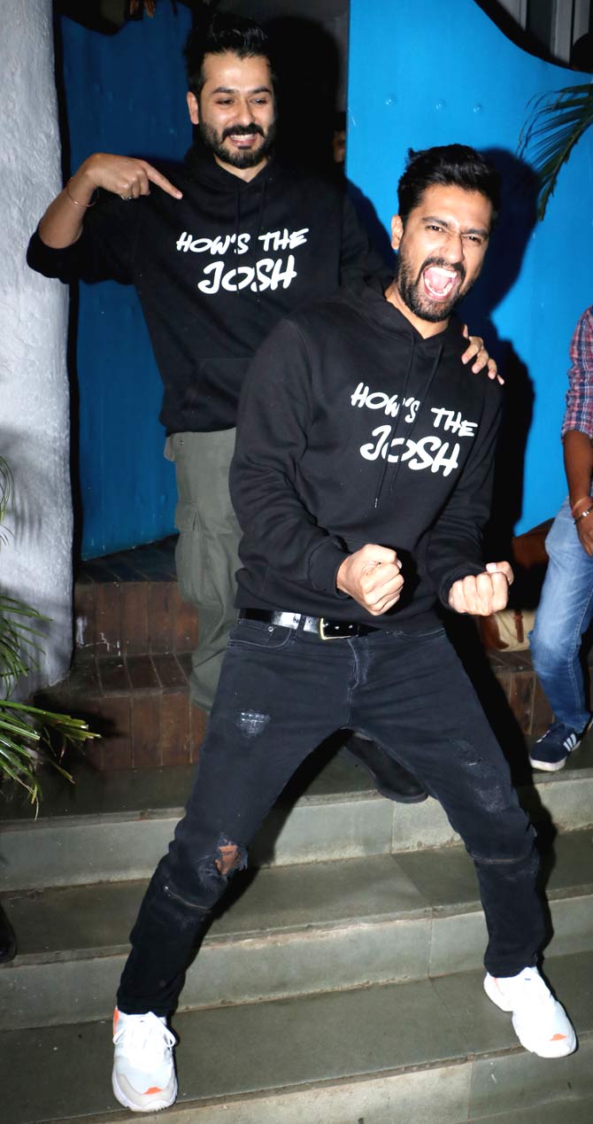 Vicky Kaushal was spotted goofing around with the director of the film Aditya Dhar at the success bash of his film, Uri, which was held at a popular restaurant in Bandra.