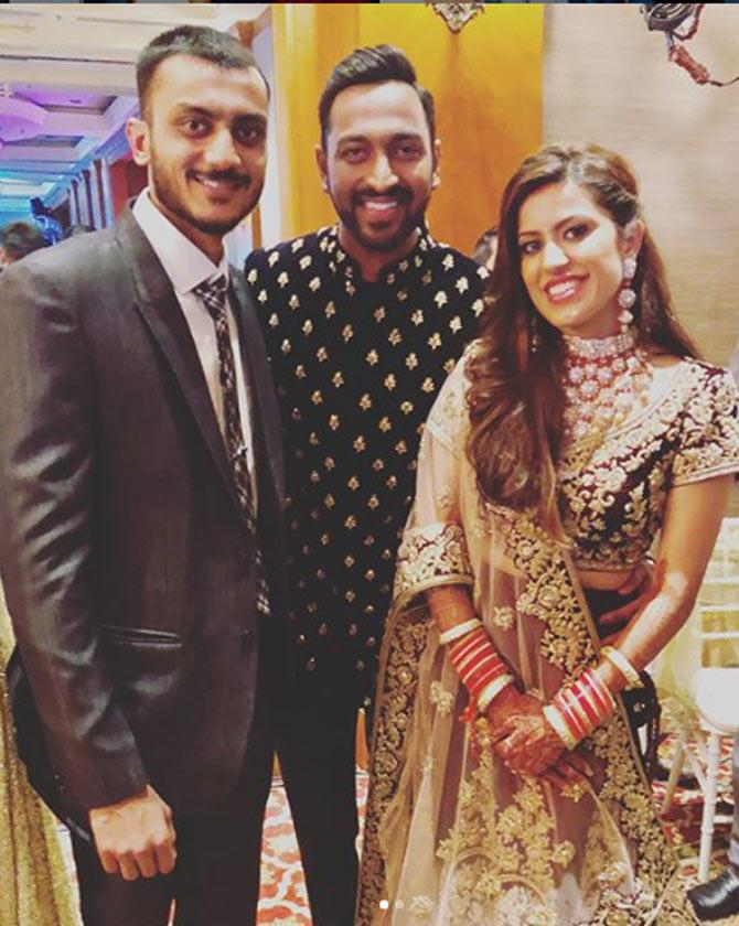 Axar Patel posted this picture of his best friend Krunal Pandya, on Pandya's wedding with Pankhuri Sharma. The trio is looking gorgeous in the pic