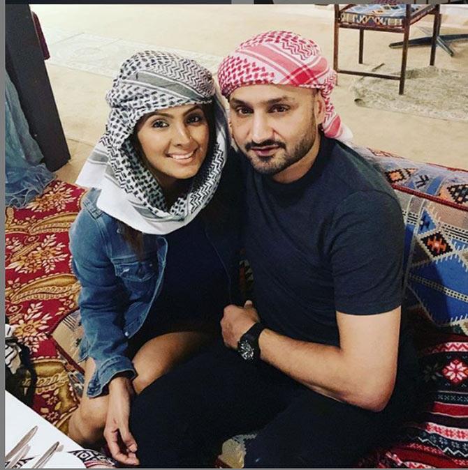 Harbhajan Singh seems to be really enjoying the culture in Dubai, which is evident in this picture where the cricketer and his wife Geeta are wearing the traditional head scarf.