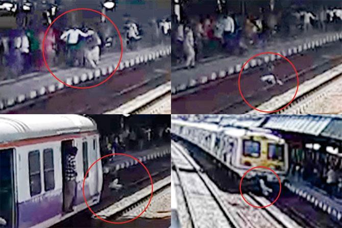 56-year-old pushed on tracks: On 21 April 2018, a 56-year-old steel broker was pushed on the tracks from platform number 3 at Mulund station, allegedly by a woman because he accidentally bumped into her. The victim was run over by an Asangaon train. According to eyewitnesses, the victim accidentally bumped into the woman and he immediately apologised, but the woman along with another commuter started pushing him. When the latter tried to defend himself, the woman pushed him again, as a result, he lost his balance and fell on the tracks, and an oncoming Asangaon local crushed him to death. The Kurla GRP began the probe by circulating the CCTV footage to all station personnel, canteen employees, and RPF and GRP men for identification of the culprits. Soon the cops were able to get an identification and arrested the woman from her residence in Chembur. They also tracked down her accomplice in the incident, her cousin, and arrested him.
(A collage of the incident)