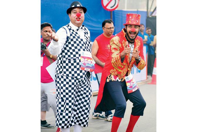 A couple of jokers from the pack during the Mumbai Marathon. Pic/Shadab Khan