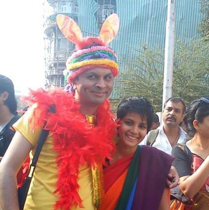 Harish dolled up for the LGBT Pride, looking like a colourful bunny from the Rainbow land.
In this picture: Harish Iyer poses with a famed activist Sonal Giani wearing the rainbow colours with pride.