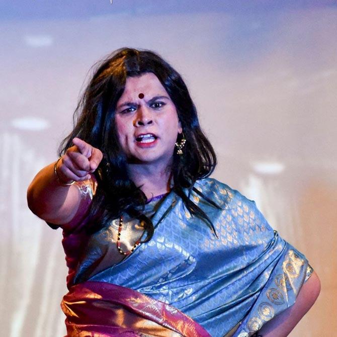 Harish Iyer captured in his Desi Drag Queen avatar for the GB's Annual Talent Show 2017. 
In this picture: Harish is seen carrying an elegant saree, a jet black wig and a well-coordinated makeup making him look gorgeously expressive. 