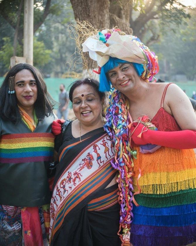 In pic: Harish Iyer with his mother smiling proudly for the LGBTQ Pride 2018 in Mumbai. He is known for his bold and creative fashion sense and he is not shy to flaunt the rainbow colours in public.