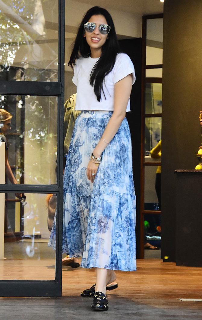Shloka Mehta walks in with her mother, Mona Mehta at Monisha Jaising's store in Bandra.In picture: Shloka Mehta is all smiling for the camera as she poses for the paparazzi!