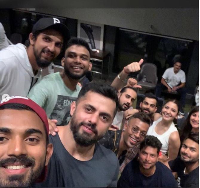 KL Rahul posted this picture, of a selfie with Ishant Sharma, Virat Kohli, Anushka Sharma, Kuldeep Yadav, Rishabh Pant and others, in a post-match party. 