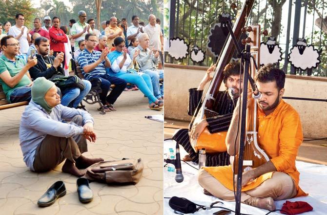 People at a concert at CD Deshmukh Udyan in Mulund; (right) Gandhar Bhalerao performs at Kamala Nehru Park in Malabar Hill. Pics/Datta Kumbhar, Ashish Raje