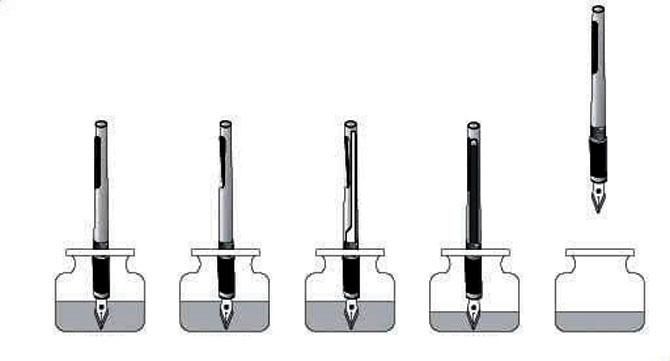 The aerometric ink filling mechanism, where a bladder sucks up the ink, is used in pens popularly known as China pens; other mechanisms on display include crescent and plunger fillers
