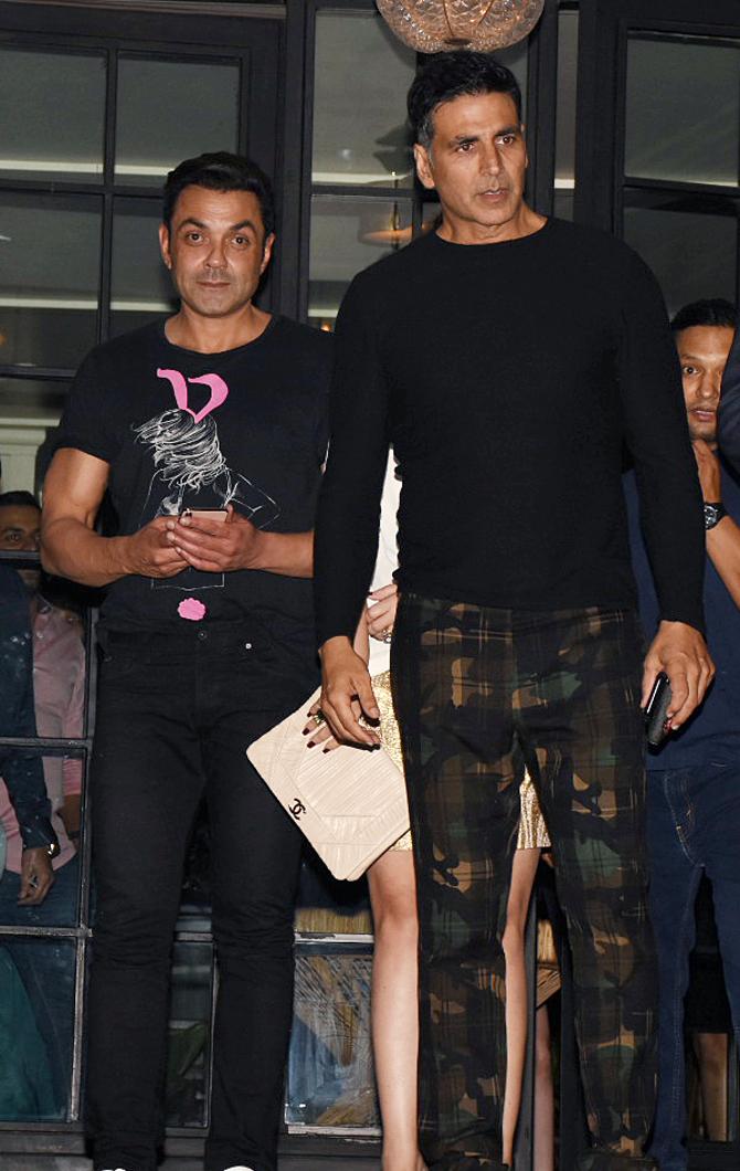 Akshay Kumar and Bobby Deol clicked outside a popular restaurant in Juhu