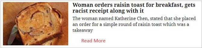 Woman orders raisin toast for breakfast, gets racist receipt along with it