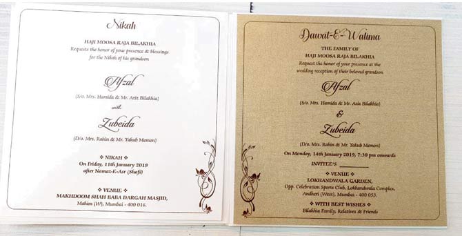 The invitations to the nikah on January 11 and the reception on January 14