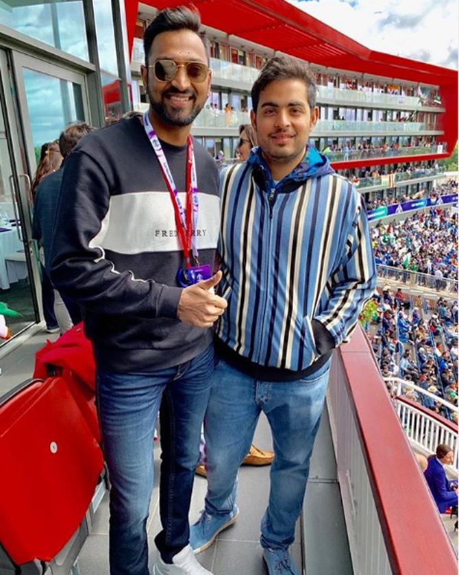 Krunal Pandya was in the stands for a few matches to cheer India on in their World Cup campaign.
Krunal Pandya posted this picture of himself with wife Akash Ambani during the World Cup 2019 and captioned it as, 