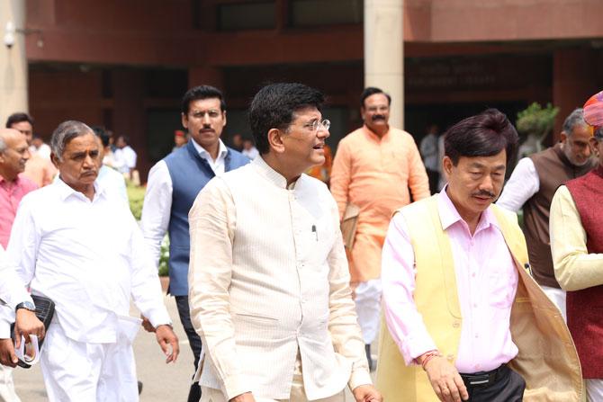 Minister of Railways of India attended the Bharatiya Janata Party (BJP) Parliamentary meet in New Delhi. Also seen in the background is MP Rajyavardhan Singh Rathore