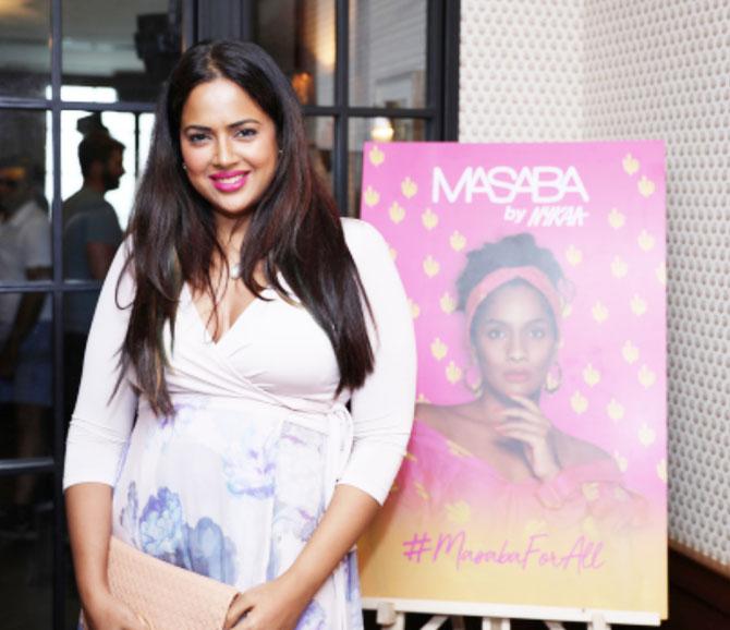 Sameera Reddy who just gave birth to a baby was spotted at an event to launch lipsticks in Mumbai
