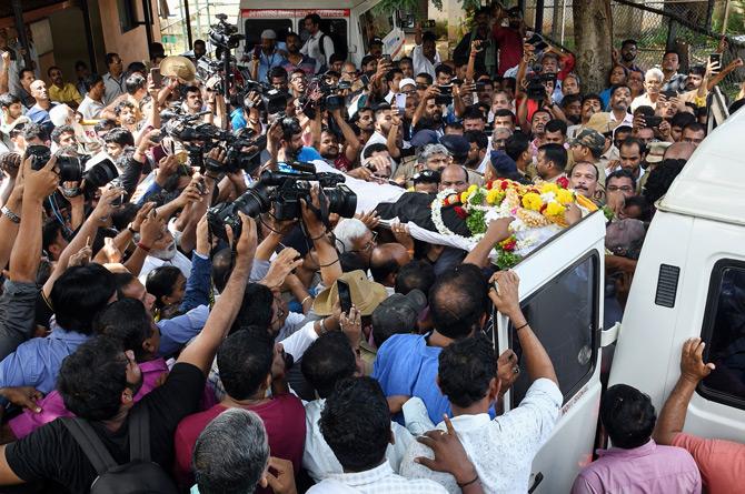 VG Siddhartha's body was kept at Chikkamgaluru for the general public to pay their homage. His last rites were performed at his native village in the Coffee district.
In pic: The body of Indian coffee baron late V G Siddhartha is taken into an ambulance from the Wenlock hospital after a post-mortem autopsy in Mangalore.