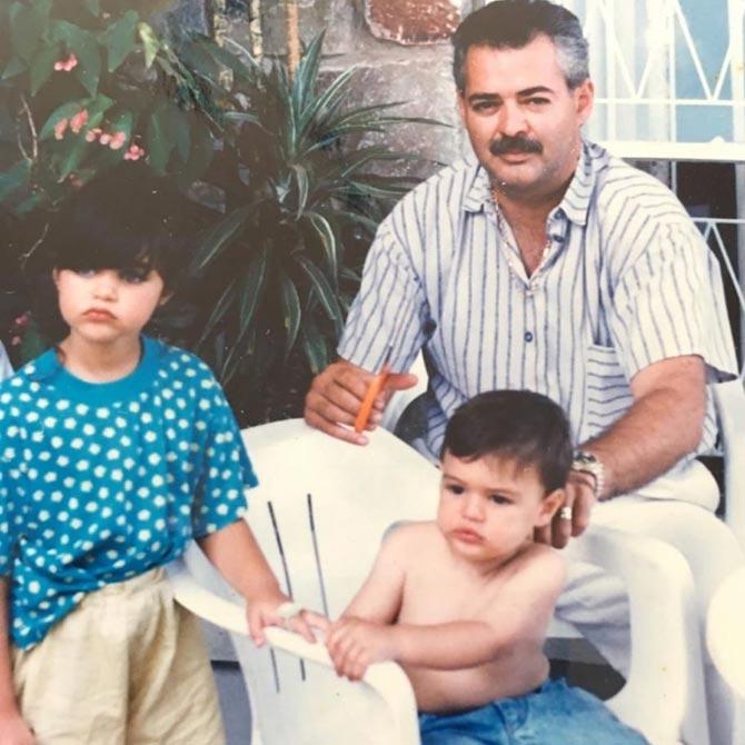 Gabriella started off her career in showbiz with the Miss Bollywood SA title along with 48 other South African women. 
Pictured: Gabriella with her brother Agisilaos Demetriades and their dad.