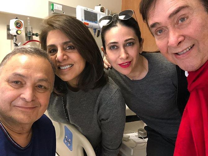 Elder brother Randhir Kapoor along with elder daughter Karisma met Rishi and Neetu, too. Looks like the father-daughter pair visited the actor at the hospital in NY. Neetu shared a cheeky caption along with this photo, 