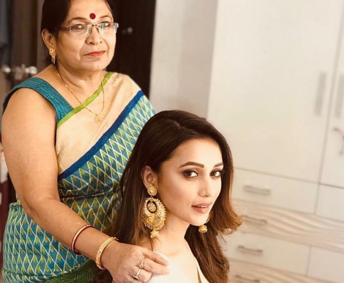 Like mother, like daughter: Mimi Chakraborty poses for a picture with her mother Tapashi Chakraborty on the occasion of Women's day. In the picture, both Mimi and her mother exemplify beauty as they set major mother-daughter goals.