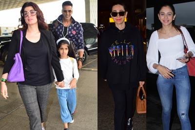 Akshay with Twinkle and Nitara, Karisma, Rakul at Mumbai airport