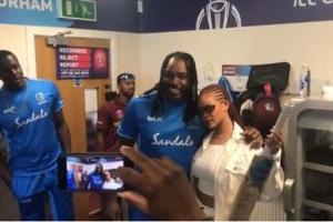 Chris Gayle and Rihanna catch up in the dressing room
