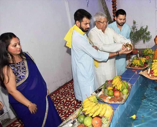 In pic: Lalu Prasad Yadav celebrates the festival of Chhath Puja with his family at his residence in Bihar.