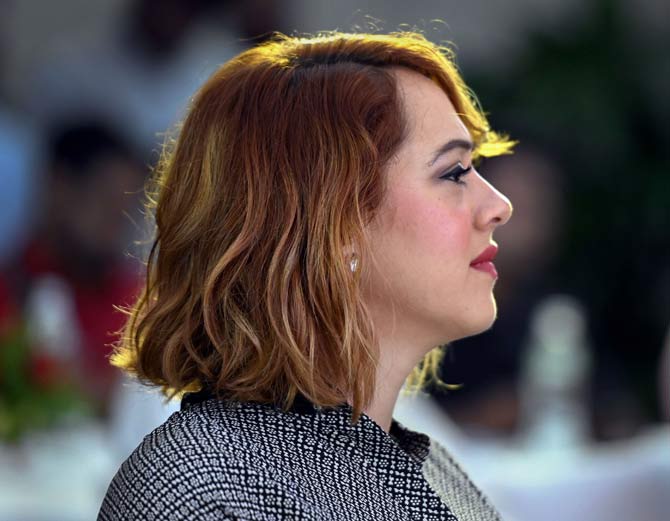 In pic: Yuvraj Singh's wife Hazel Keech reacts during an event, where he announced his retirement