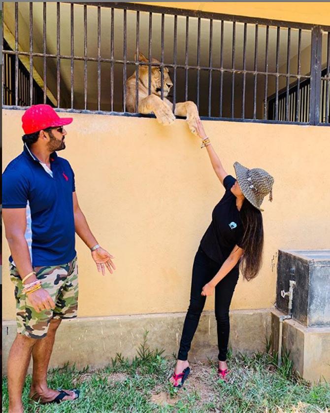 Sri Lanka all-rounder Thisara Perera posted this picture with his wife Sherami and a friendly lion and captioned it as, 