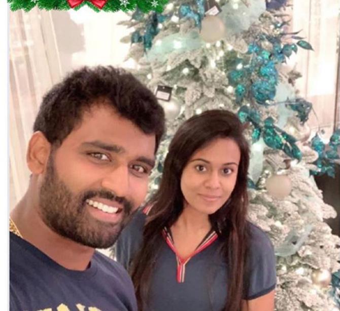 Thisara Perea got married to the love of his life Sherami at the tender age of 18. The couple has been going strong ever since.
Sri Lanka all-rounder Thisara Perera posted this picture with his wife Sherami and captioned it as, 
