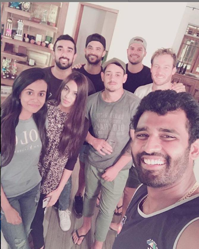 Thisara Perera has also an established career in the IPL when he was bought by Chennai Super Kings in 2010 IPL for Rs. 30 lakh.
Sri Lanka all-rounder Thisara Perera posted this picture with his wife Sherami and other cricketers and captioned it as, 