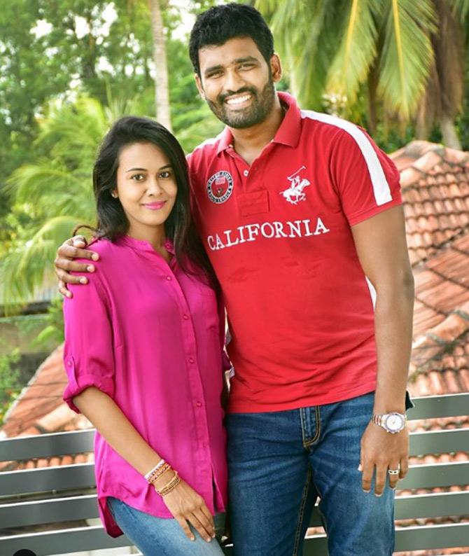 Thisara Perera started off his cricket career as a teenager when he was in college.
In pic: Sri Lanka cricketer Thisara Perera with his wife Sherami during a lunch outing