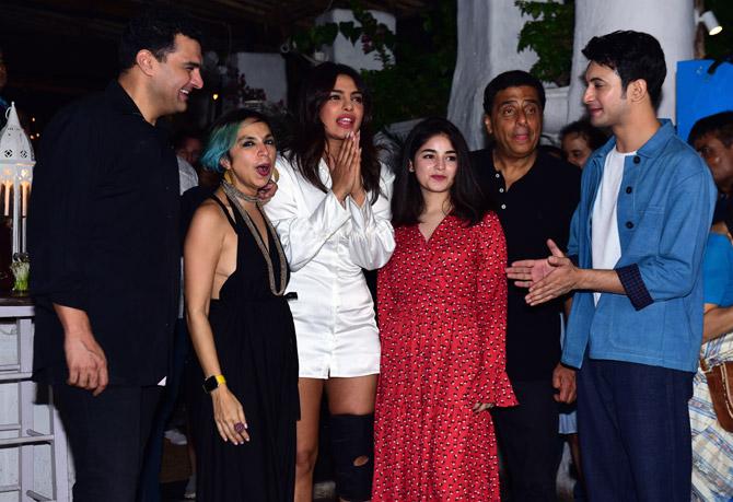 The Sky Is Pink revolves around the story of a young girl Aisha Chaudhary, who became a motivational speaker after being diagnosed with pulmonary fibrosis at the age of 13. Zaira Wasim will be essaying the role of Aisha, whereas Priyanka Chopra and Farhan Akhtar will play her parents in the movie.
In picture: The Sky Is Pink cast and crew post for the photographers at the Bandra eatery.