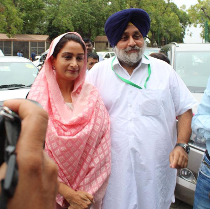 Union Minister of Food Processing Industries Harsimrat Kaur Badal, her husband and Shiromani Akali Dal leader Sukhbir Singh Badal arrive for the first session of the 17th Lok Sabha at Parliament House in New Delhi on Monday. Harsimrat Kaur Badal took the oath in Punjabi