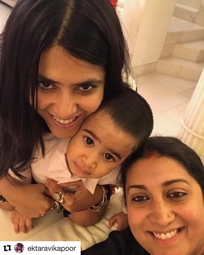 In pic: Smriti Irani takes a selfie with her best friend forever Ekta Kapor and Tusshar Kapoor's son Laksshya Kapoor. Smriti captioned the pic: Sandwiched between two ladies...Laqu wid his two buaaas.