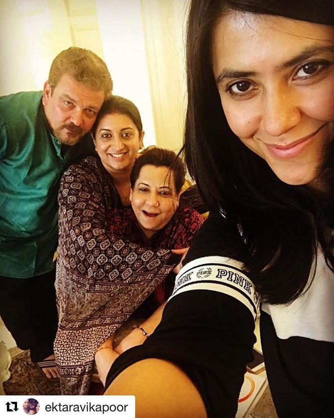 Smriti Irani took to Insta to share this adorable picture of herself with her hubby Zubin Irani, BFF Ekta Kapoor and her mother Shobha Kapoor. Smriti captioned the pic: Ppl I adore n admire!!!!