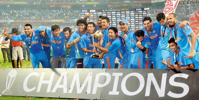 The MS Dhoni-led Indian team celebrate its 2011 World Cup win at the Wankhede Stadium