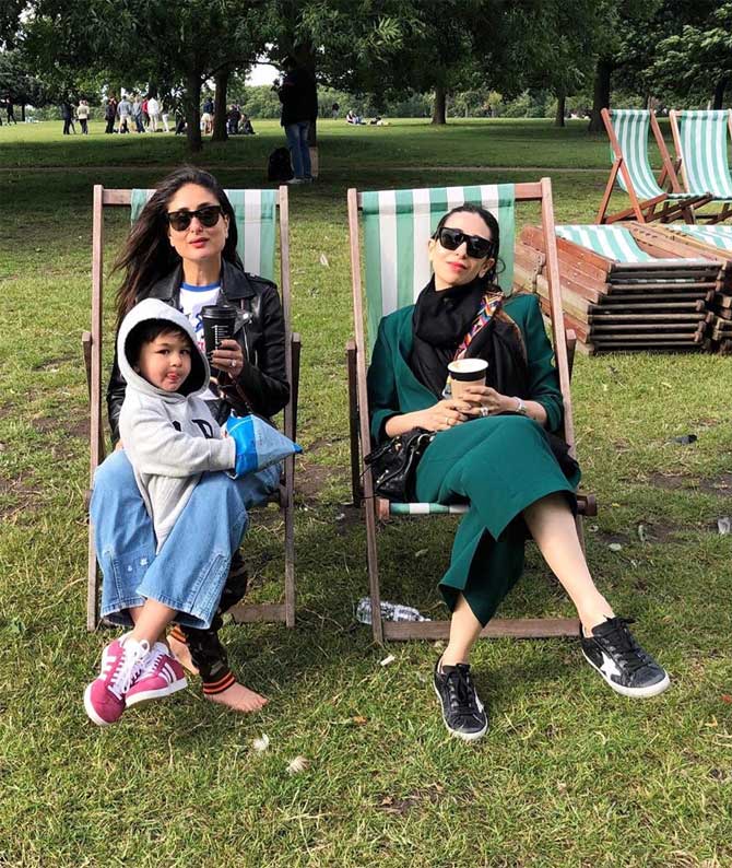 Karisma Kapoor also uploaded a picture of herself with Kareena and Taimur, relaxing on lawn chairs. Taimur Ali Khan looks cuter than ever with his tongue out while eating some chips, and standing in front of Kareena. Karisma captioned the image, 