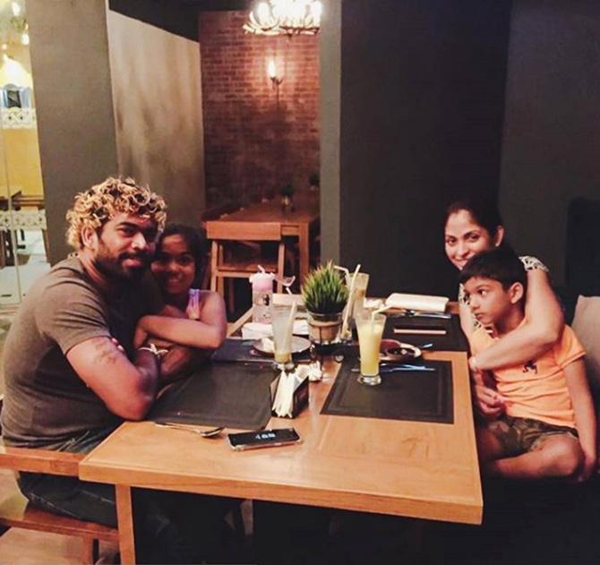 After an impressive IPL 2019, Lasith Malinga was the backbone of a depleted Sri Lanka's bowling attack in World Cup 2019 and managed to keep Sri Lanka in the hunt for a semifinal spot but Sri Lanka failed to qualify for the semis.
In pic: Lasith Malinga with wife Tanya Perera and children