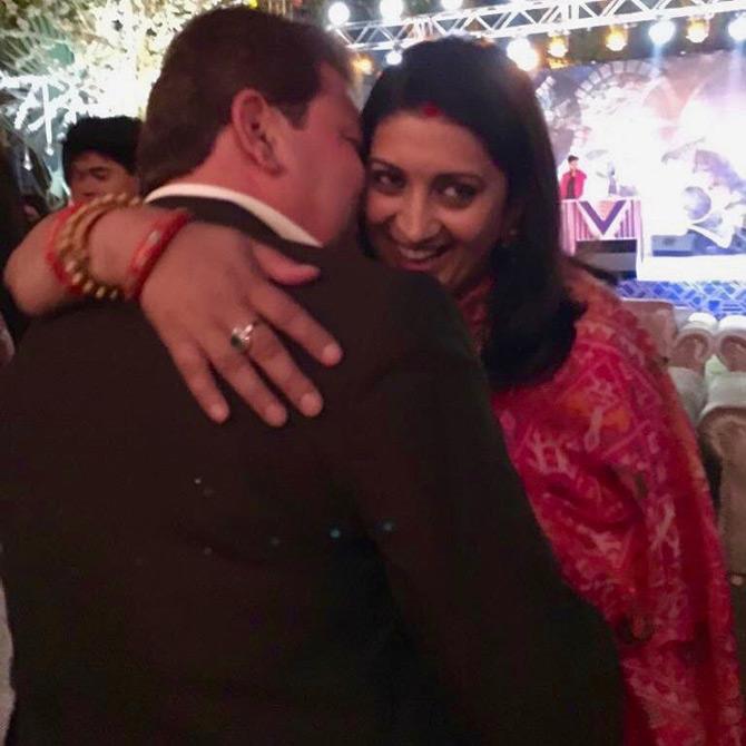 Smriti's husband Zubin Irani too, time and again, has expressed his unconditional love for Smriti. Unlike Smriti who is cheeky and witty in love, Zubin keeps things simple and plain but hits the bull's eye every time he posts something about the two of them
In photo: Smriti Irani can't seem to have enough of husband Zubin Irani's warm embrace