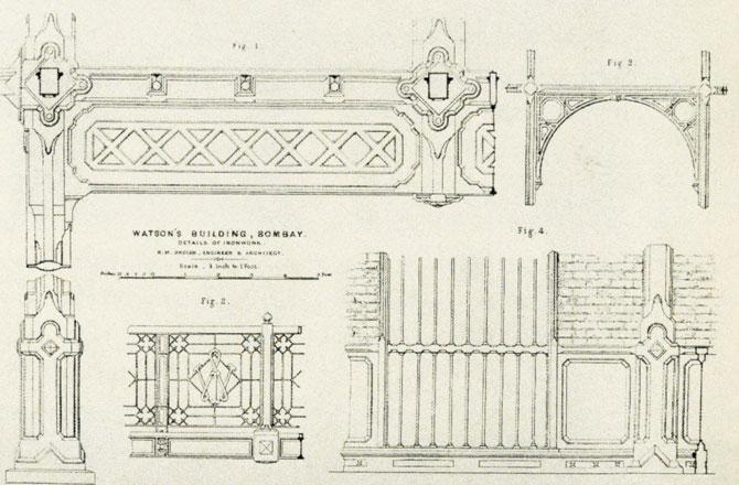 A damaged balcony reflects the ironwork details of grilles and brick infill as seen in archival drawings