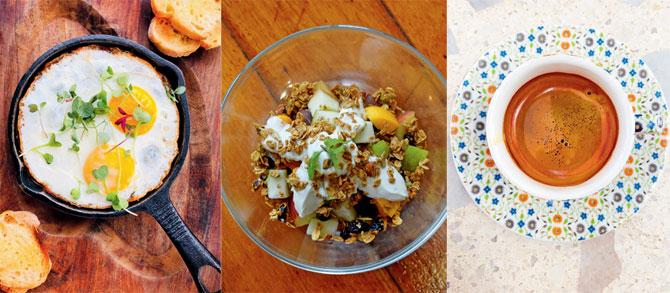 Spinach shakshuka at LPQ; Granola chunks at Salt Water Caf; A doppio espresso at Soho House Mumbai. Pic/Ashish Raje