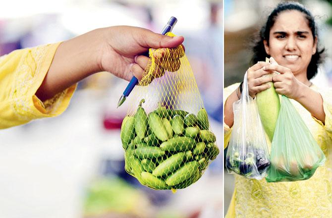 At Mulund market, some vendors also packed vegetables in net bags, but others were still handing out plastic bags. Pics/Sameer Markande