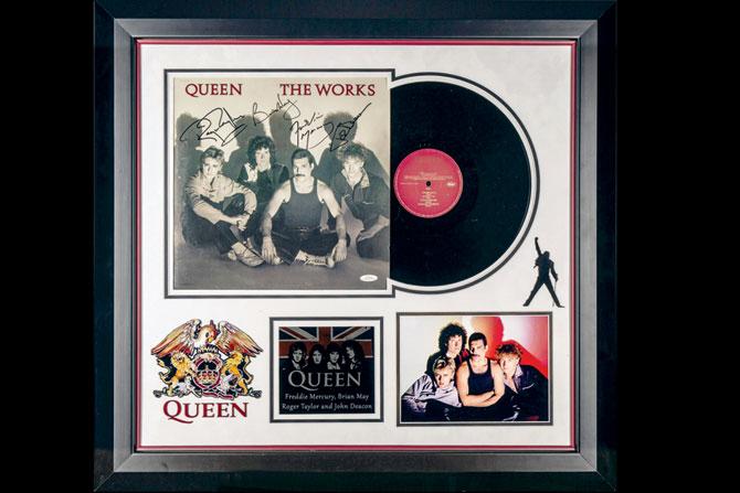 John Deacon, bass guitarist on the cover of their album Queen - The Works (1984) and two photographs in a collage format
