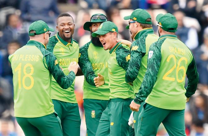 South African players celebrate an Indian wicket at Rose Bowl in Southampton on Wednesday. Pic/AFP