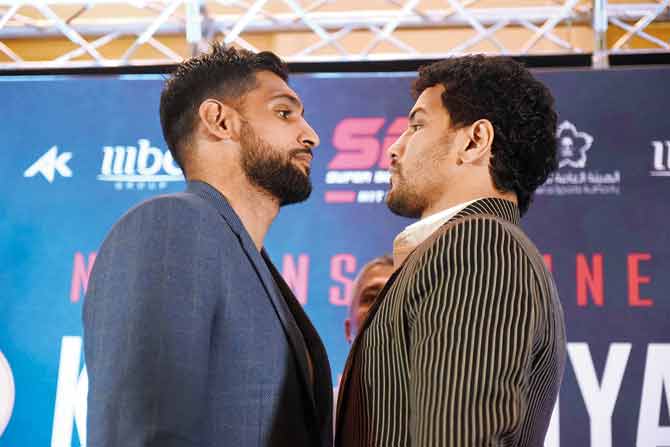 British boxer Amir Khan and Neeraj Goyat during a press conference at The Landmark Hotel in London earlier this month. PIC/Getty Images
