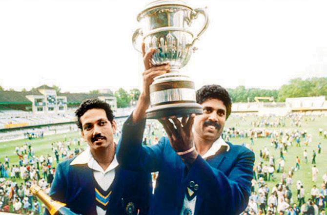 Kapil Dev and Mohinder Amarnath lift the 1983 World Cup trophy