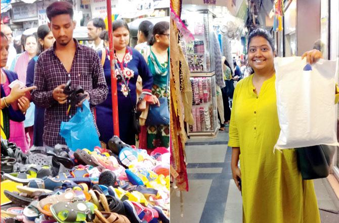On the streets, it is difficult to be 100 per cent sure about plastic being done away with. (Right) Shops inside the market have found an alternative in jute bags. Pics/Nimesh Dave
