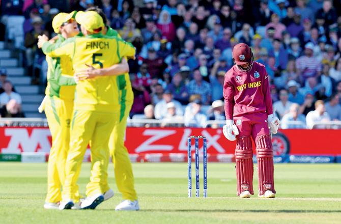 Australia players celebrate the dismissal of WI