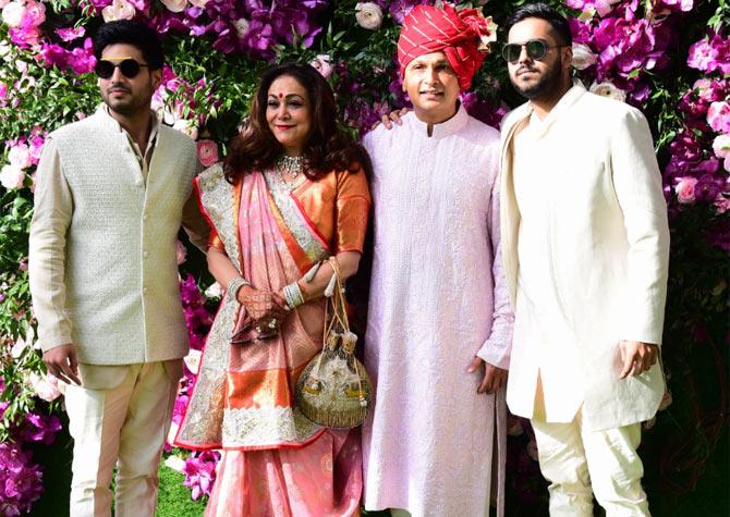 Mukesh Ambani's brother and business tycoon Anil Ambani with his wife Tina Ambani and their sons Jai Anshul and Jai Anmol attend the wedding of Akash Ambani and Shloka Mehta