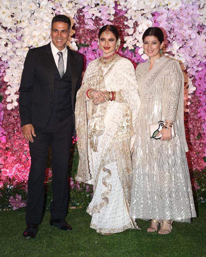 Bollywood actor Akshay Kumar and wife Twinkle Khanna were joined by diva Rekha as they attended the glitzy celebration in honour of newly-weds Akash Ambani and Shloka Mehta